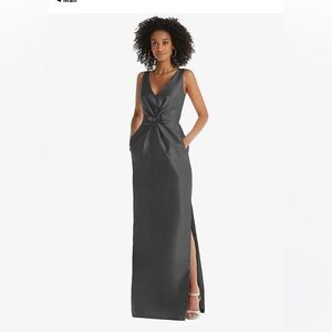 PLEATED BODICE SATIN MAXI PENCIL DRESS WITH BOW DETAIL IN PEWTER Size 0 LOVE